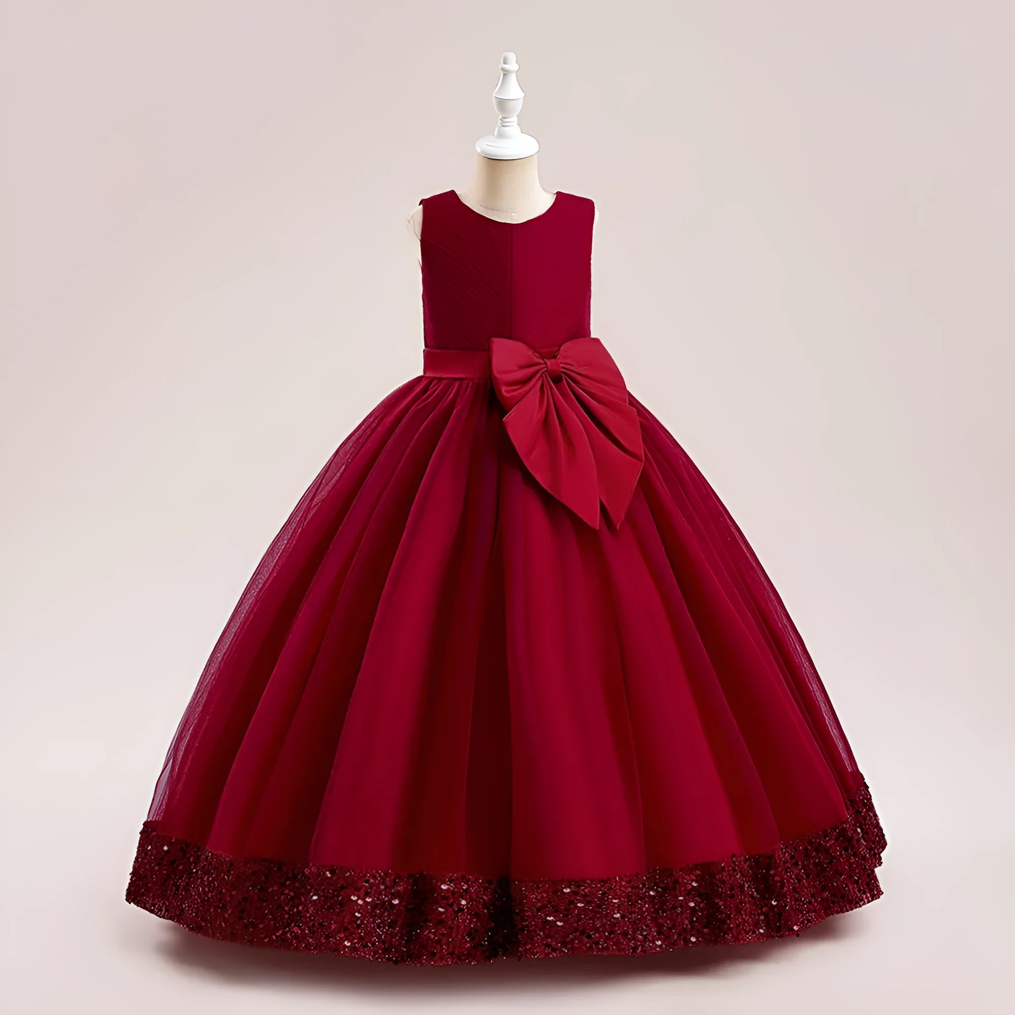 New Sequins Children's Mesh Dress in cotton blend, available in avocado green, bean pink, dark green, purplish red, and white, for girls 120-170cm height