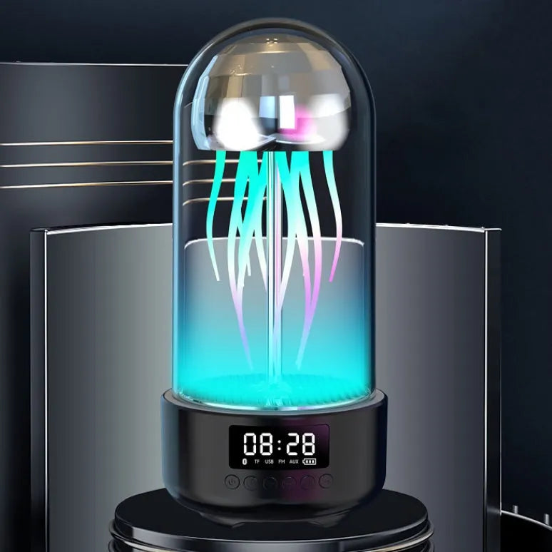 Grey pink purple Bluetooth speaker with jellyfish mood lighting effects and LED clock display screen