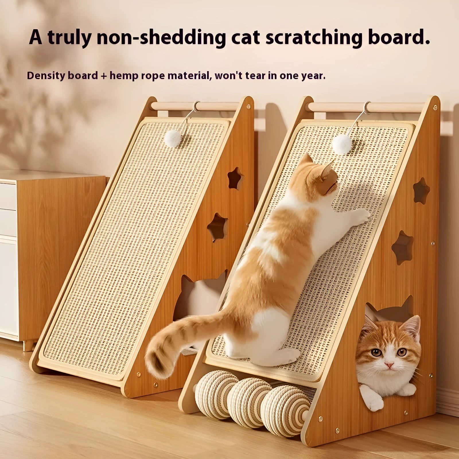 Vertical cat scratch board with sisal fabric and wound hemp rope mounted on a wall.