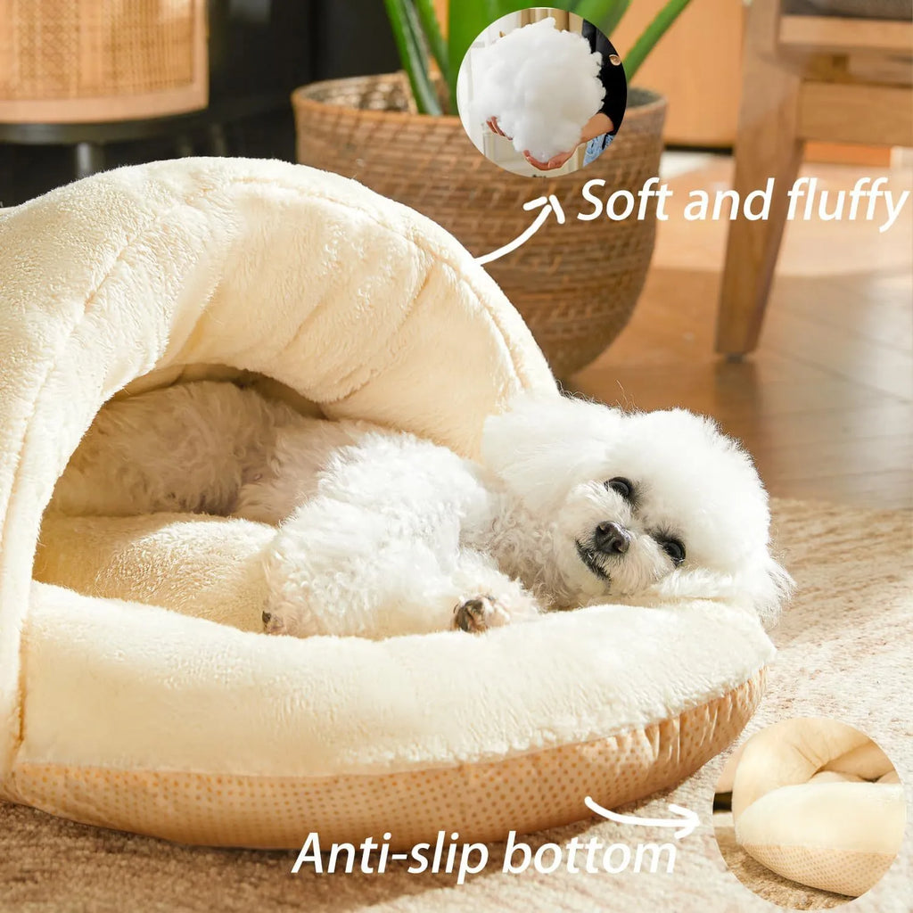 Slipper-shaped cat cave bed with corduroy exterior and self-warming design on hard flooring