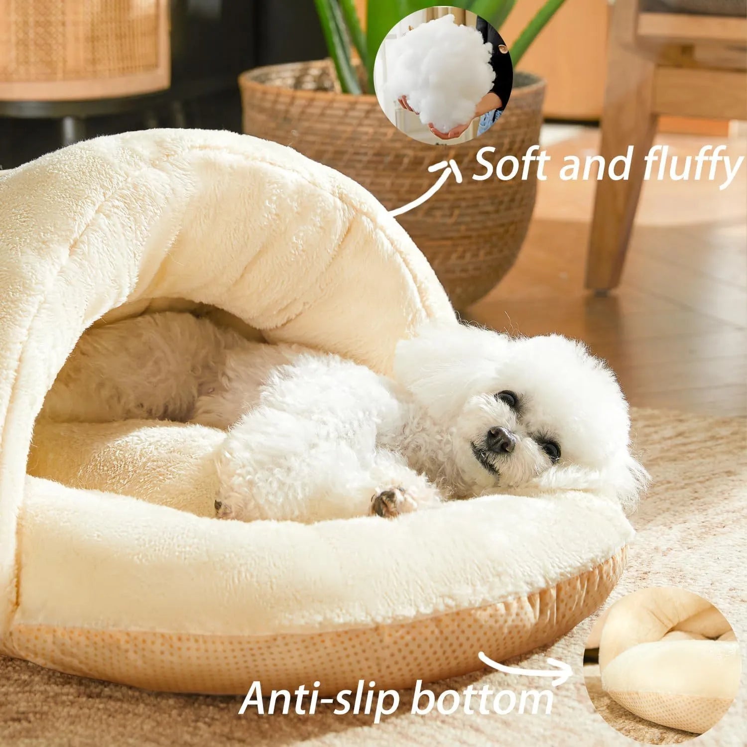 Slipper-shaped cat cave bed with corduroy exterior and self-warming design on hard flooring