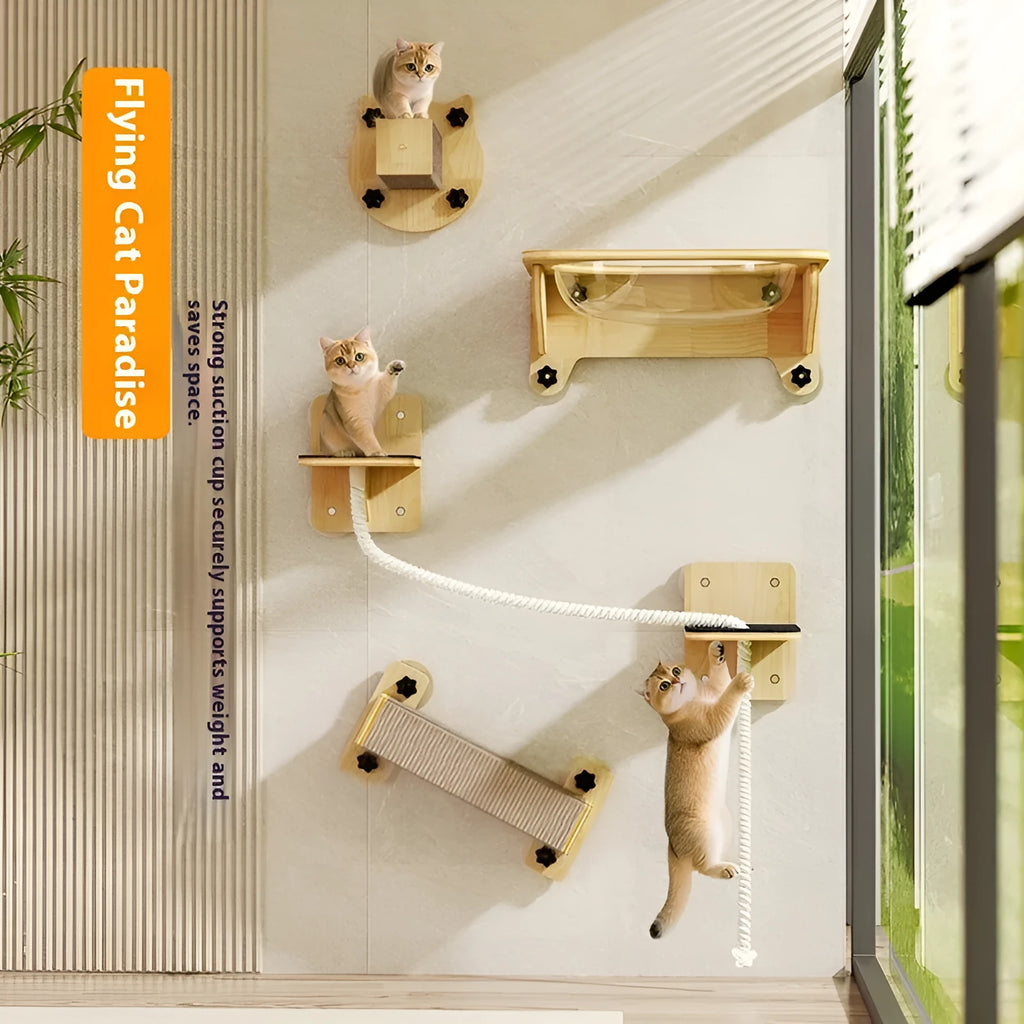 Wall-mounted cat climbing frame with sisal scratching post, enclosed space capsule bed, and dangling rope toys.