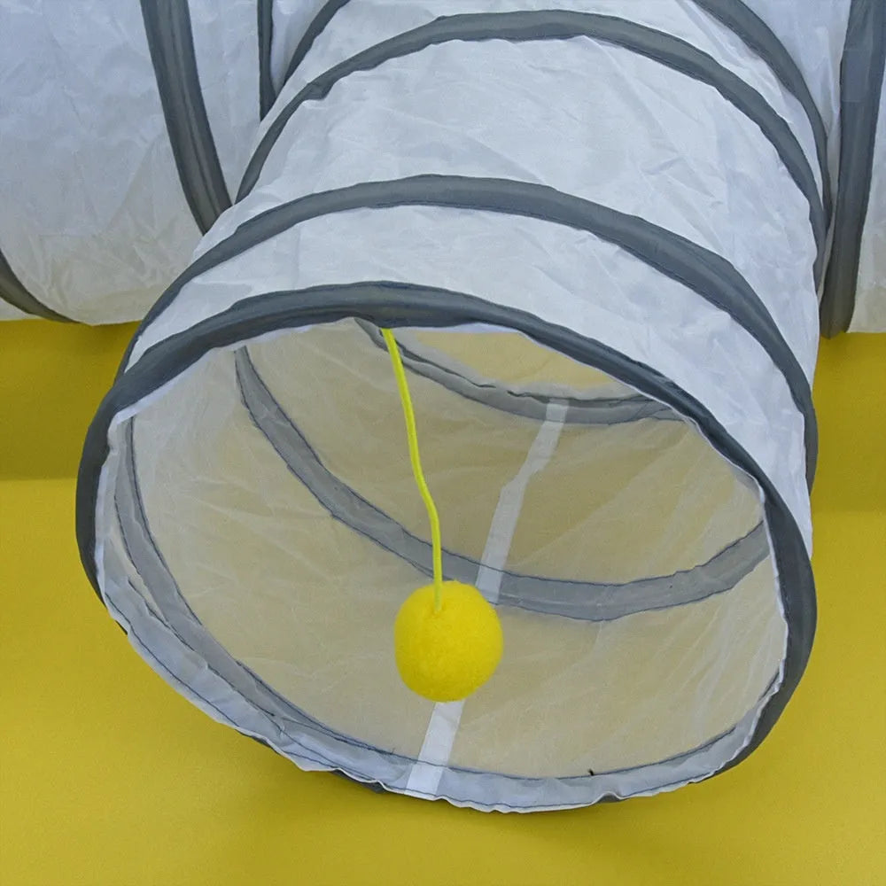 White cat tunnel rolling dragon pet toy made from polyester, shown in White S pass configuration