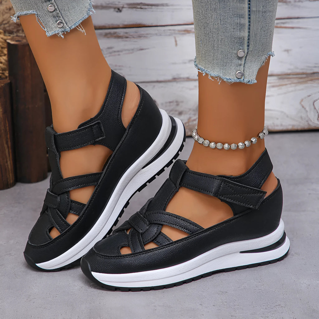 Wedge Roman women's platform casual shoes in black with Velcro fastening and round toe