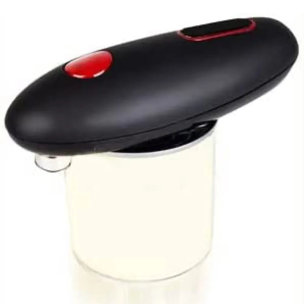 Black electric can opener with plastic construction for one-touch opening of cans, jars and bottles