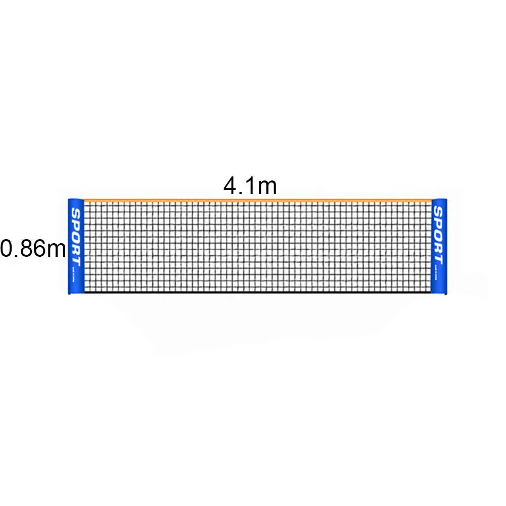 Portable folding badminton bracket and net set with white PE plastic construction showing four length options