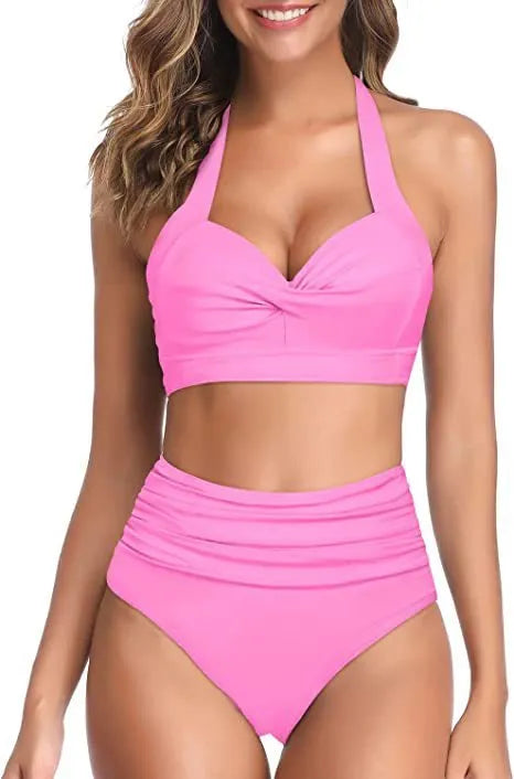 Women's split bow bikini swimsuit in polyester with spandex lining on a mannequin.