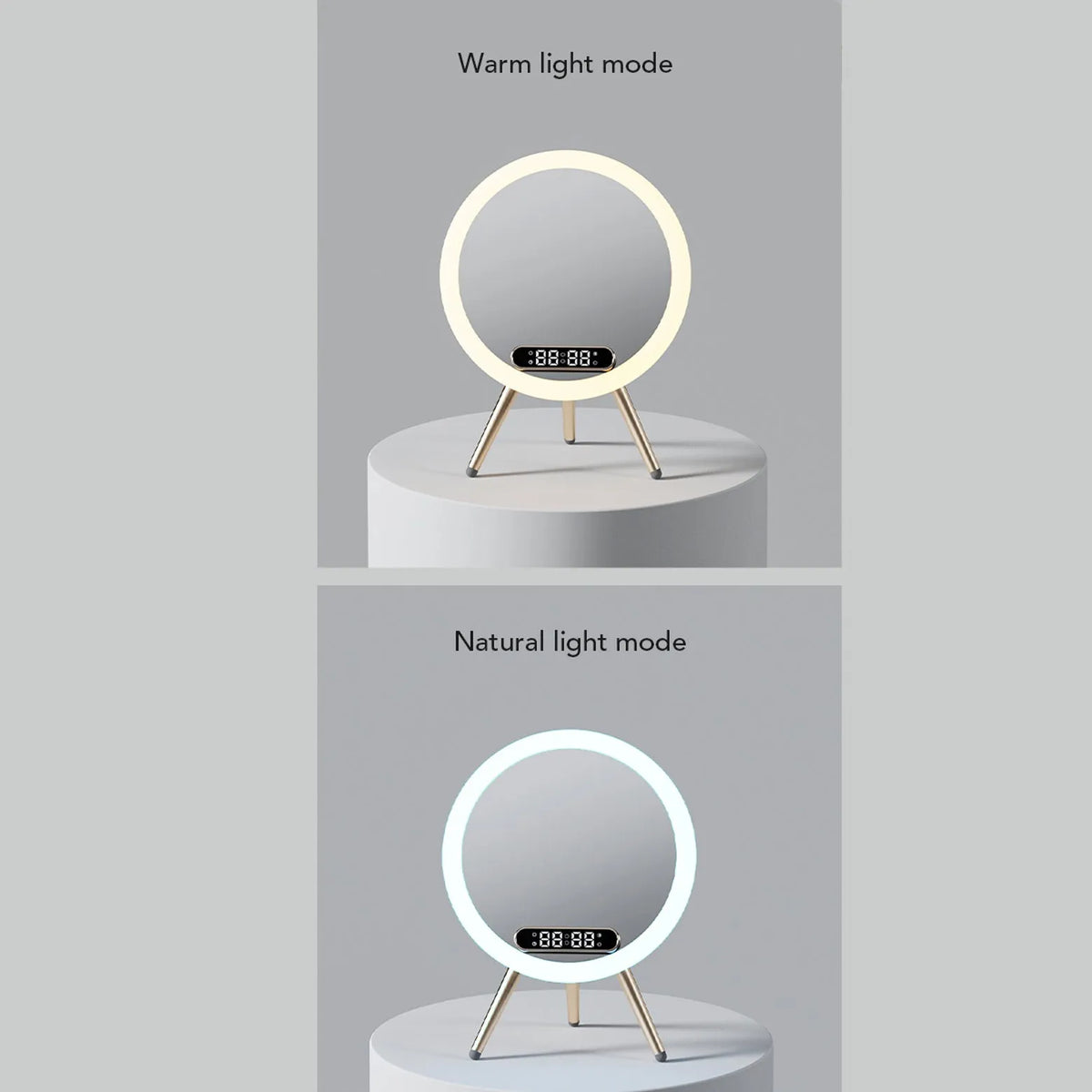 Multi-function LED mirror alarm clock with wireless charger and Bluetooth speaker in white colour on wooden desk