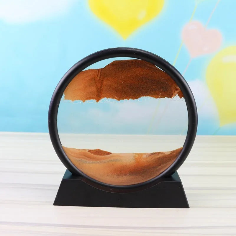 3D dynamic sand painting in glass frame with shifting blue and purple sand patterns