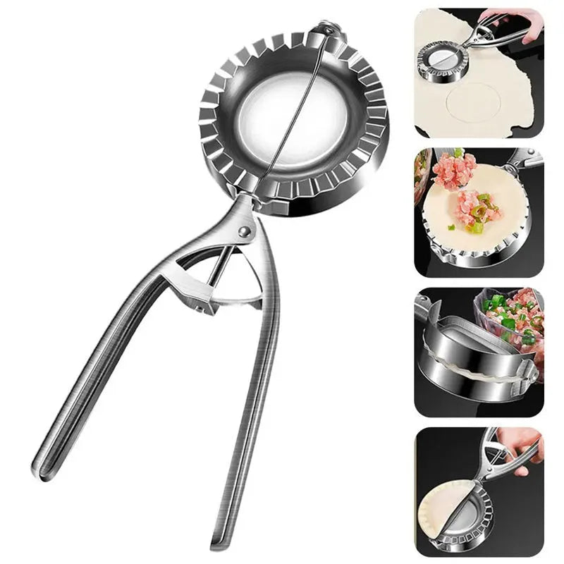 Silver stainless steel dumpling mould with handle for manual kitchen use