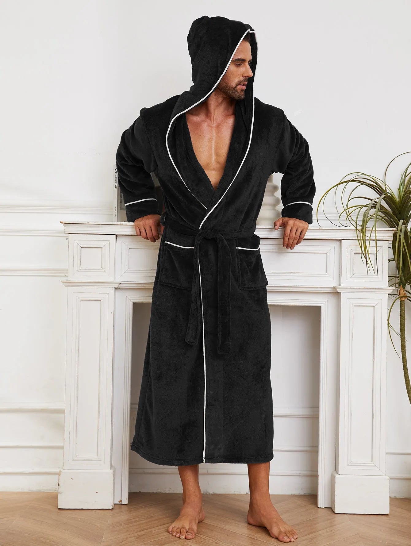 Men's flannel bathrobe in European style with polyester fabric, shown in available colours