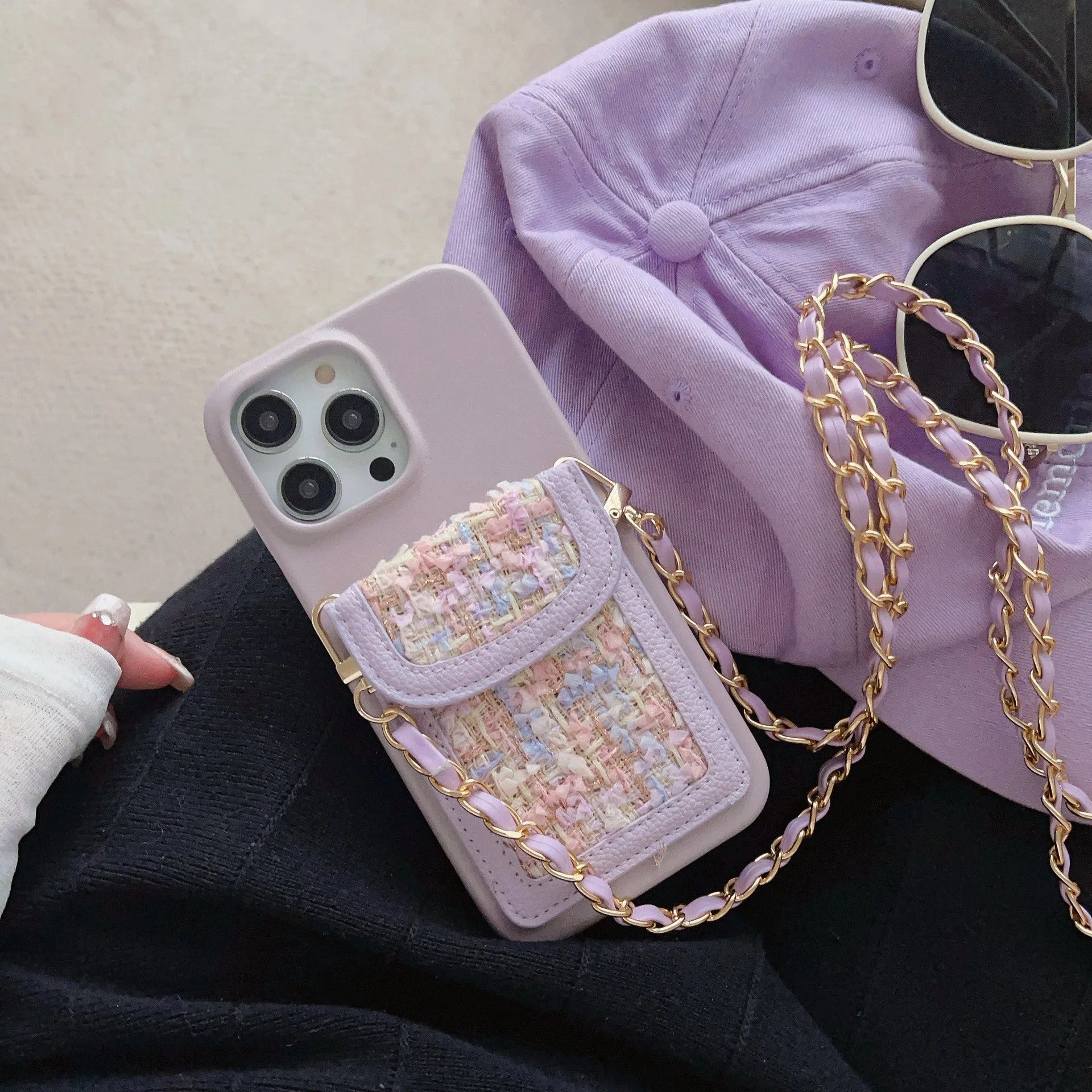 PU leather crossbody chain card holder back phone case in black with frosted finish