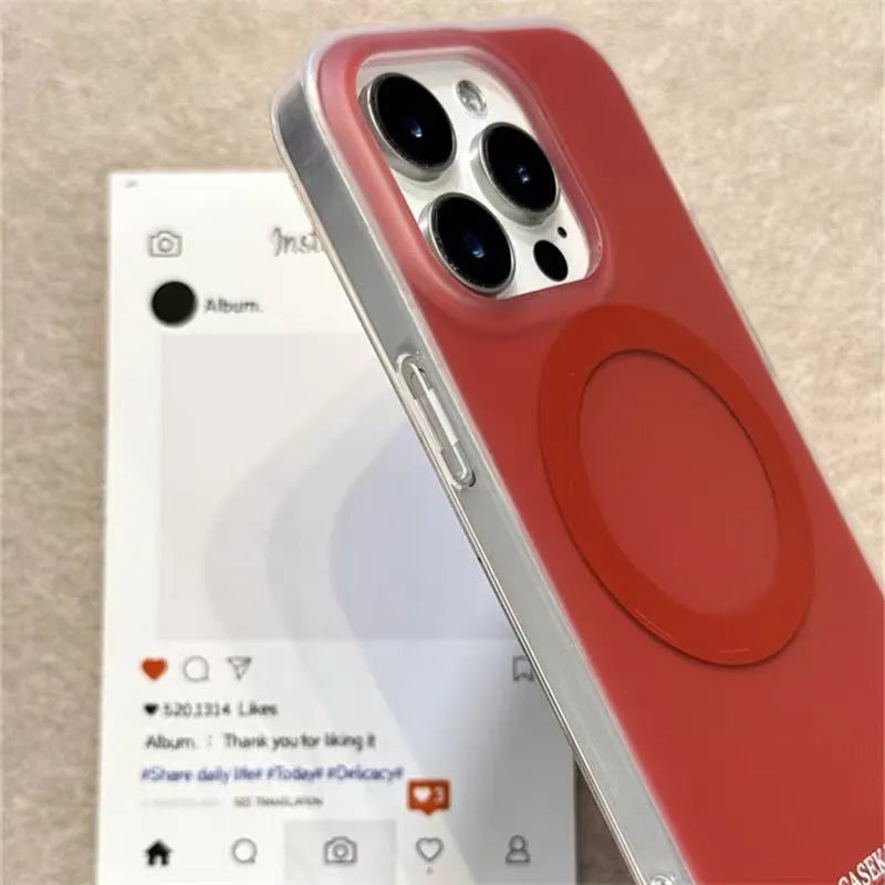 Silicone iPhone case with strawberry magnetic bracket, frosted matte finish, red colour.