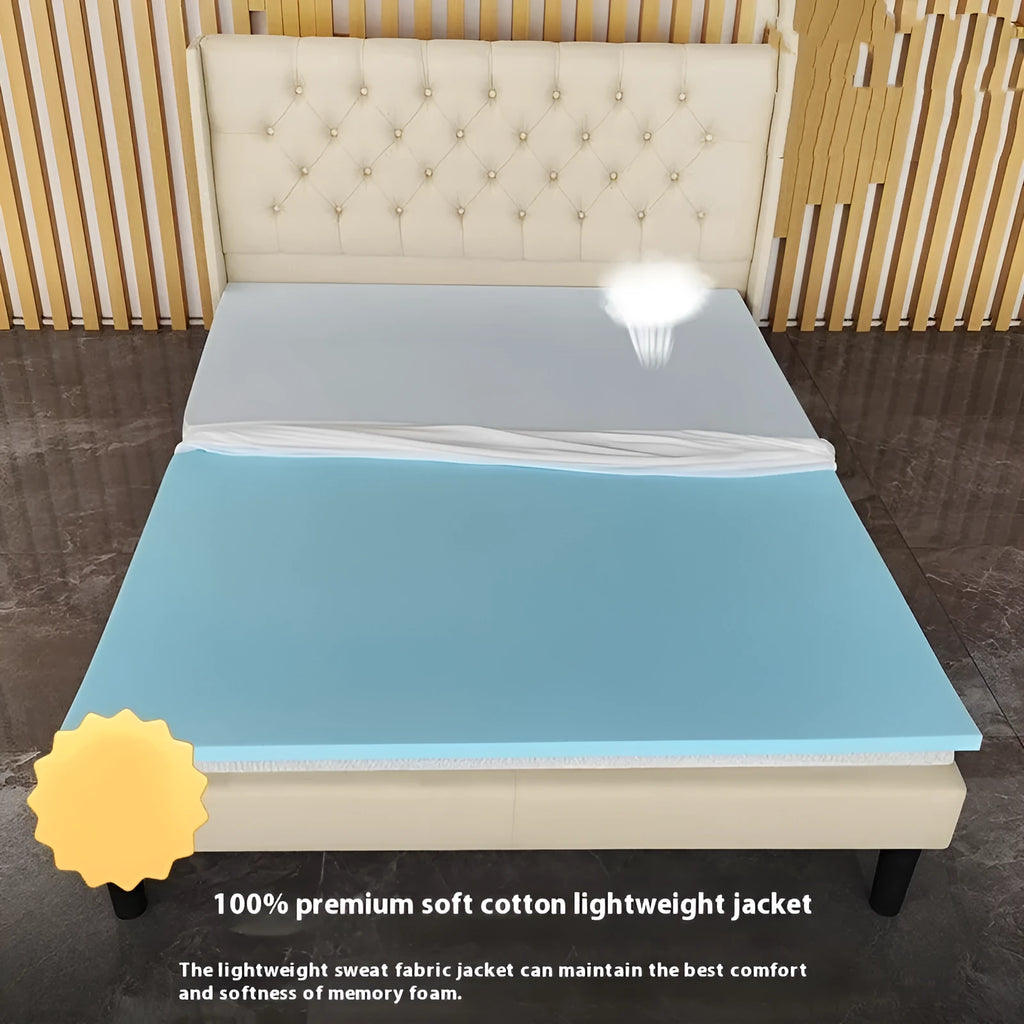Gel memory cotton slow rebound tatami mattress in multiple sizes and thicknesses on a floor.