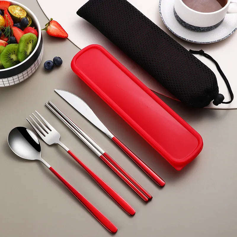 304 stainless steel portable cutlery set with gold knife fork spoon and mesh bag