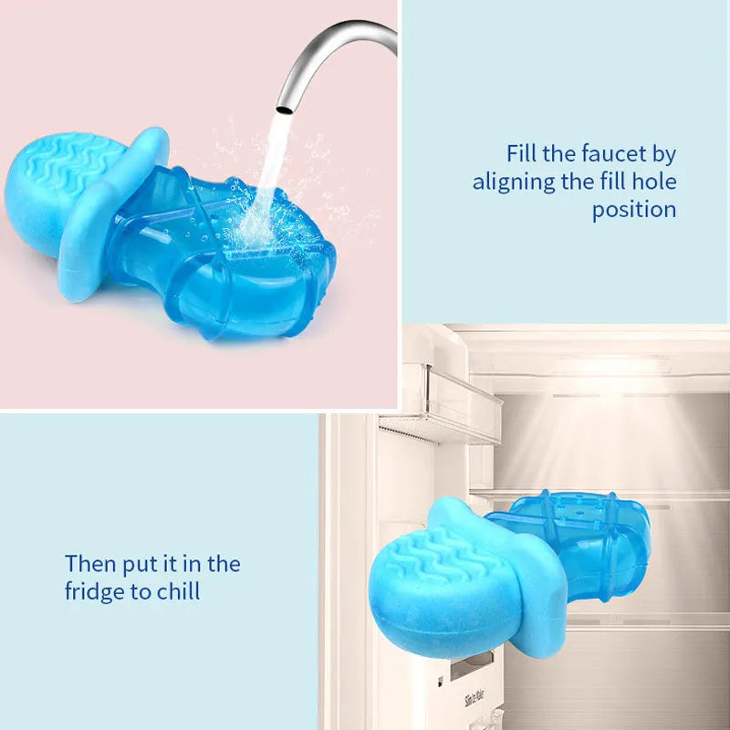 Set of four water-filled dog cooling toys in pacifier, popsicle, and ring shapes on a blue background.