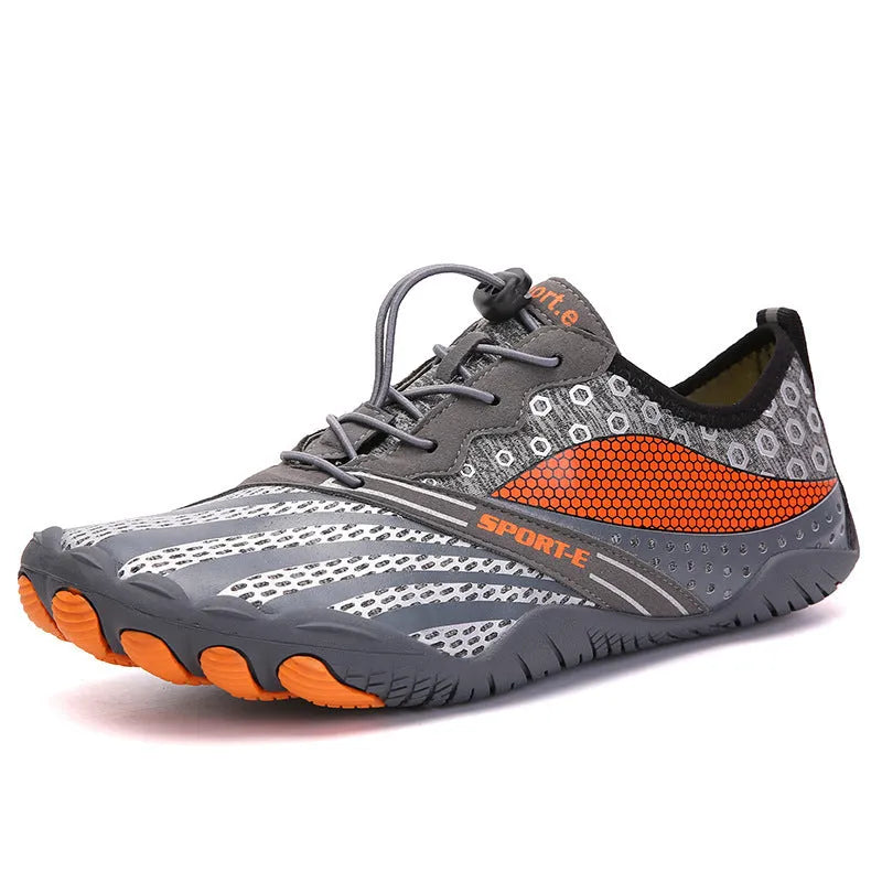 Five-finger wading shoes with Lycra upper and non-slip rubber outsole in black for river fishing.