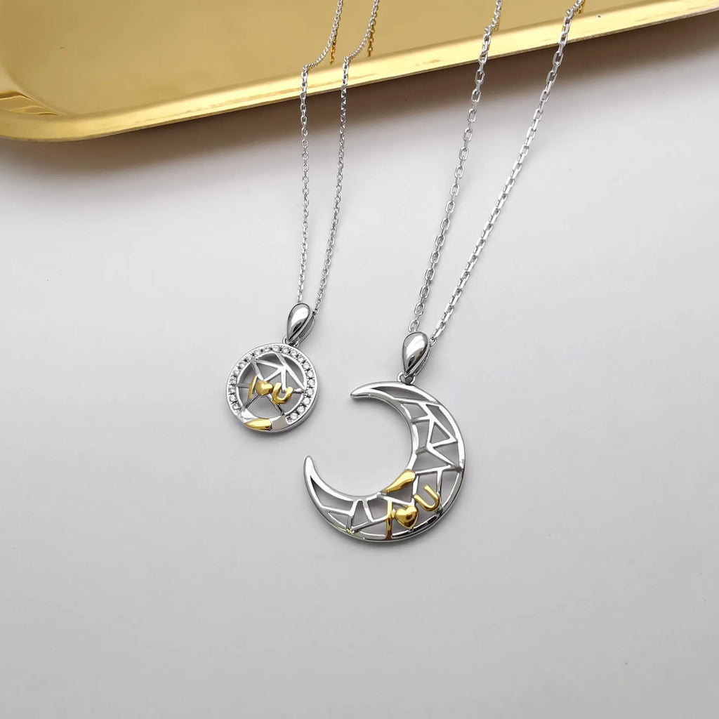 Sun moon couple necklace set with electroplated copper pendants on cross chains