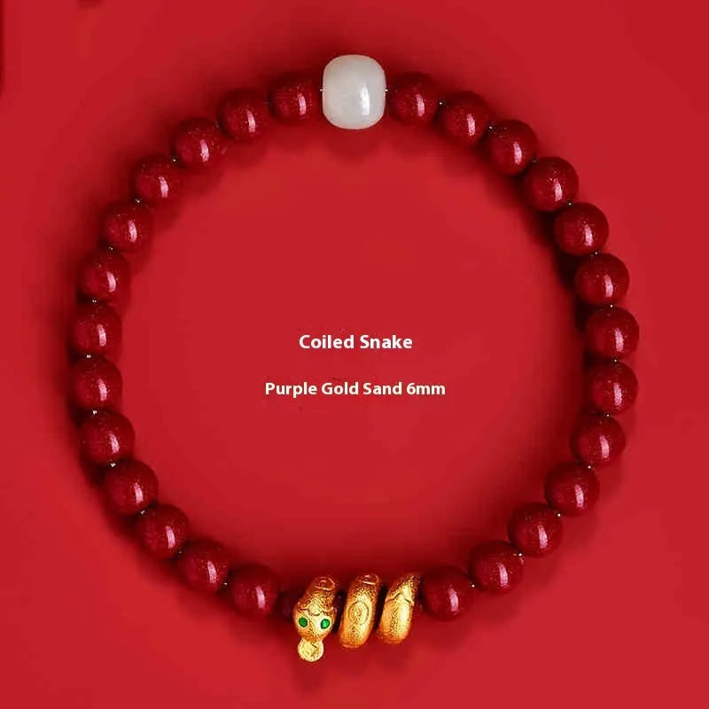 Handmade Chinese zodiac snake bracelet in cinnabar with 6mm and 8mm size options