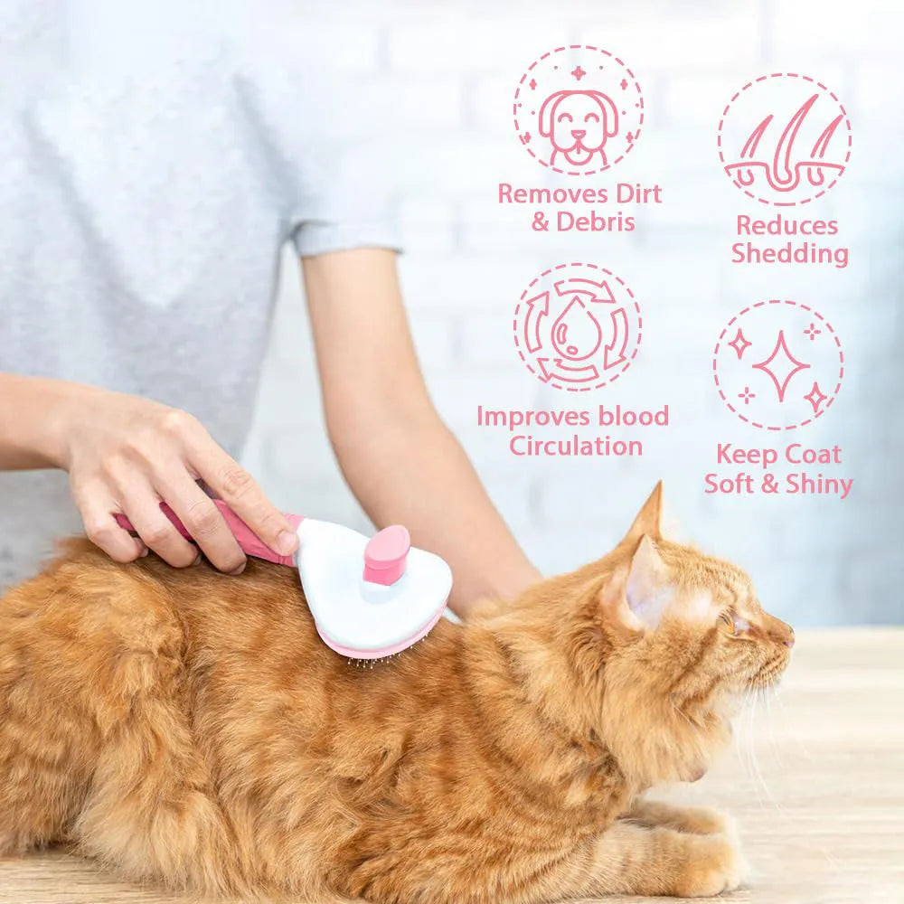 Blue cat grooming brush with release button for removing loose fur on indoor cats