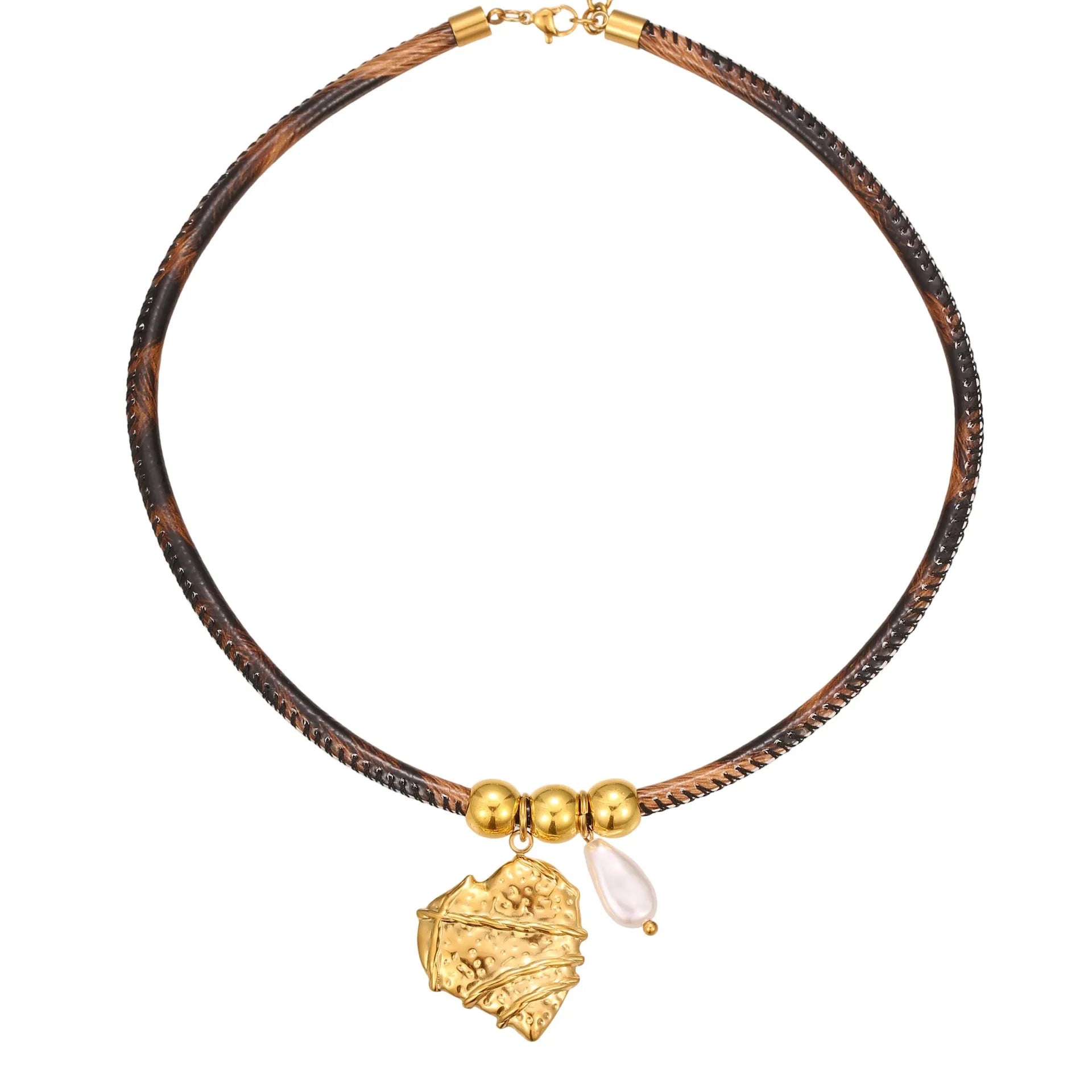 Geometric stainless steel necklace with leopard leather accents on pendant and gold-plated chain