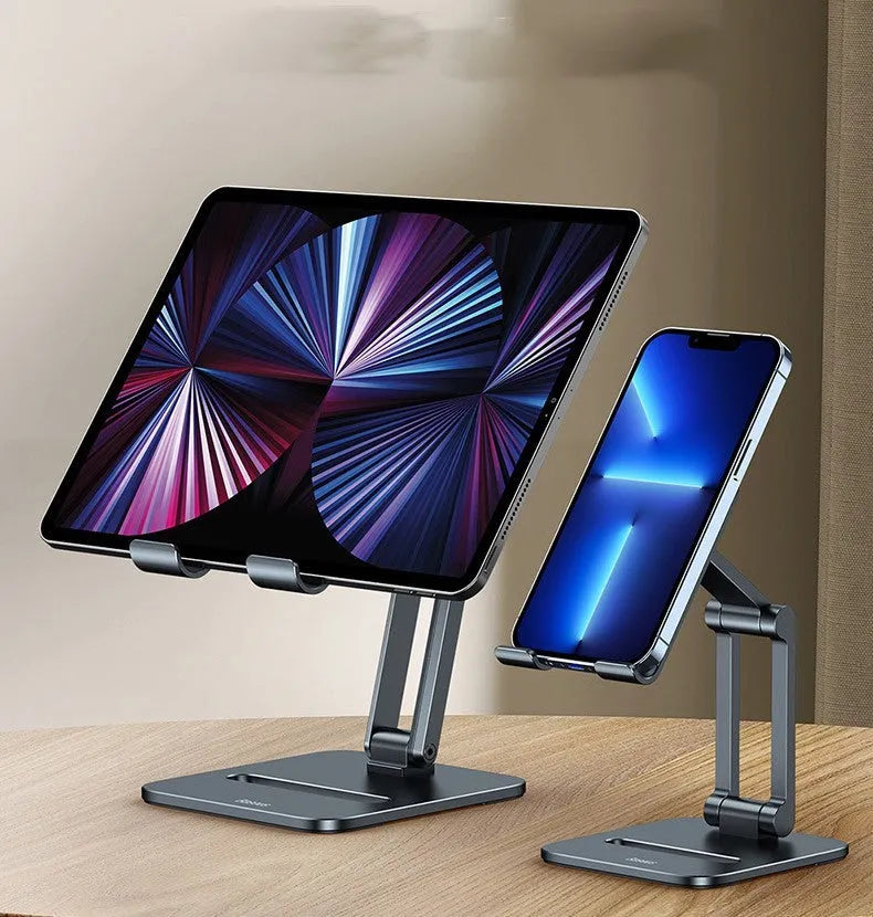 Deep space grey aluminium folding stand for a tablet and a mobile phone.
