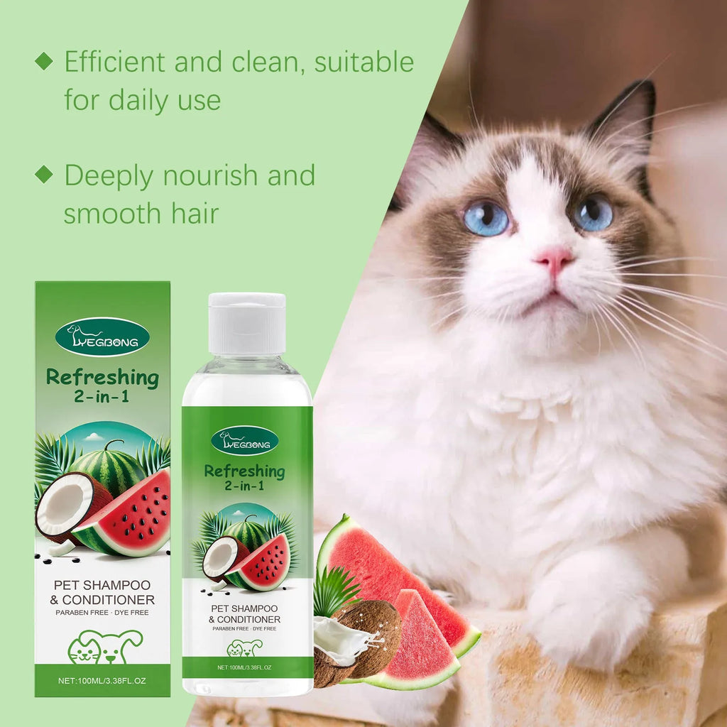 100ml bottle of pet 2-in-1 shampoo with watermelon and coconut extract label