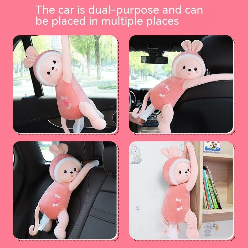 Soft plush car headrest tissue box holder in a cute animal character style.