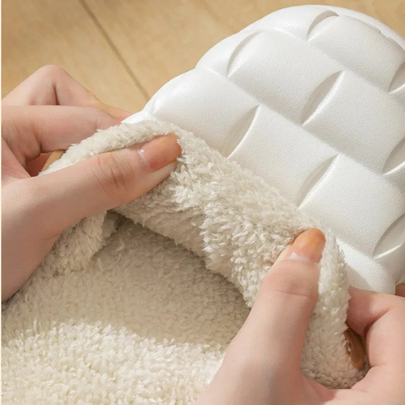 Plaid pattern detachable EVA slippers with plush lining and a textured nonslip sole.