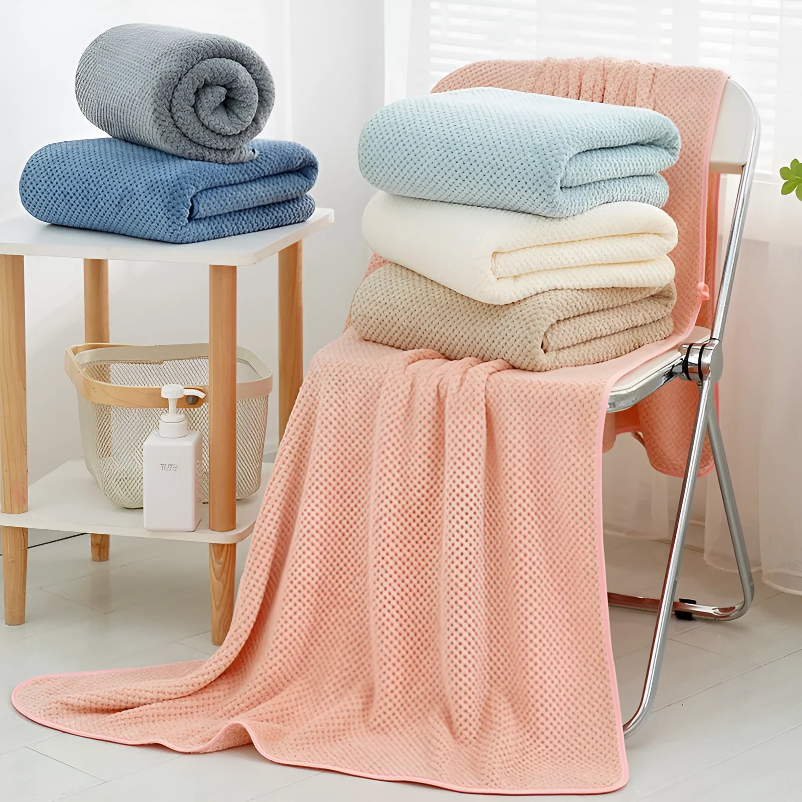 Pineapple plaid high density thick coral fleece microfibre beach towel in deep sea blue with edging finish