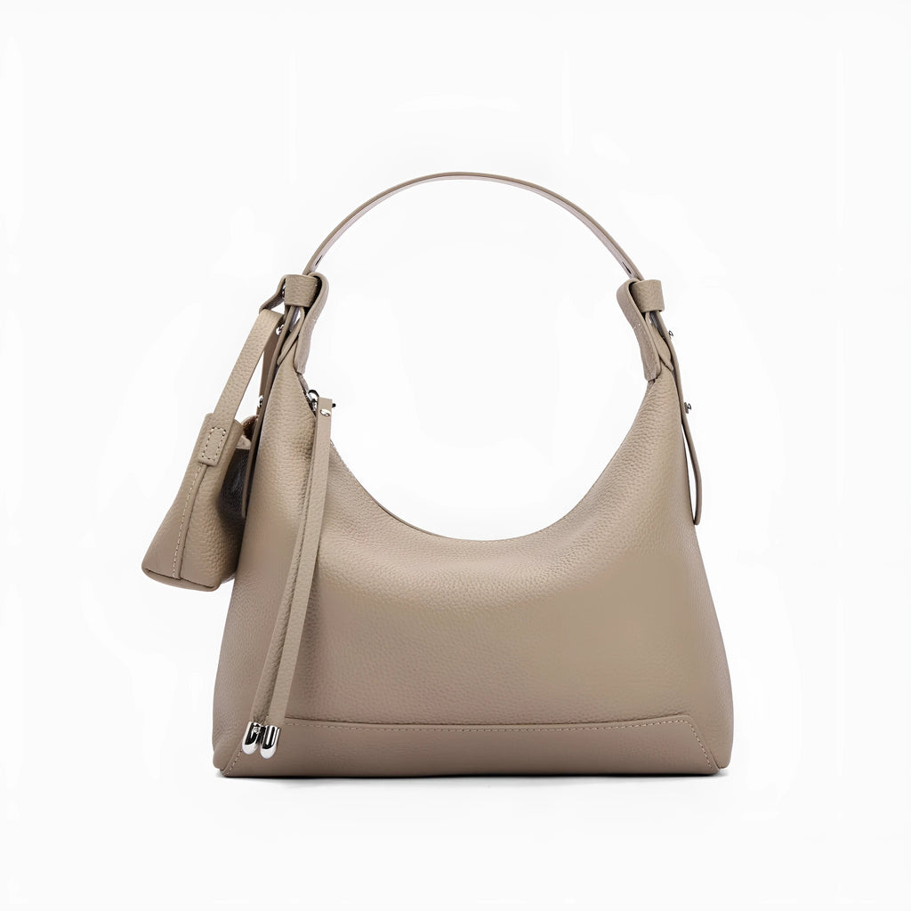 Genuine cowhide leather ladies shoulder bag in urban simplicity style with visible sewing thread
