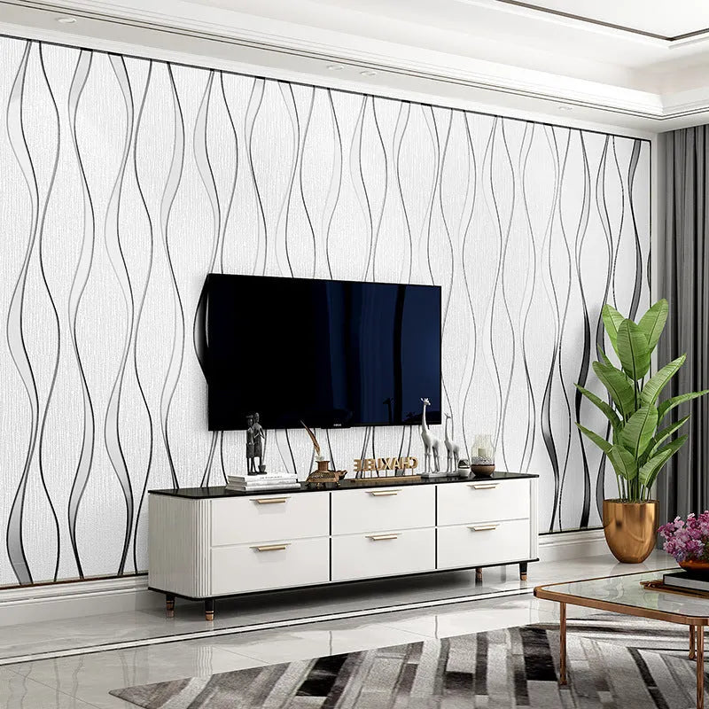 Close-up of light grey 3D curve stripe wallpaper with thick deerskin velvet texture and raised pattern.