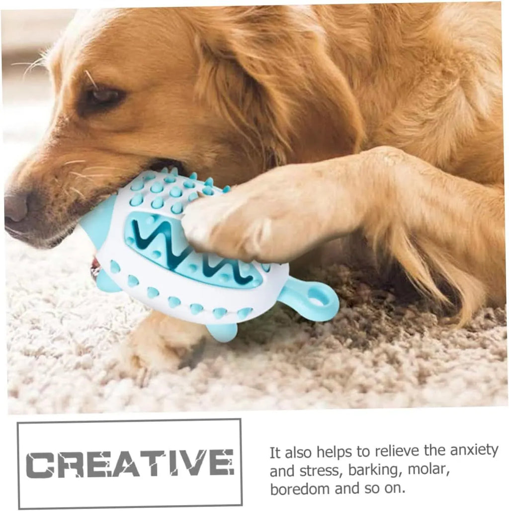 Dog toy treat dispensing squeaky ball in blue green and pink colours