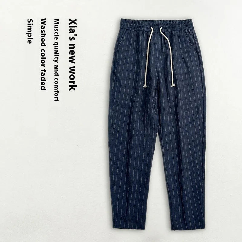 Men's striped cotton-linen summer trousers in cropped length with coffee, khaki, navy blue and white colour options