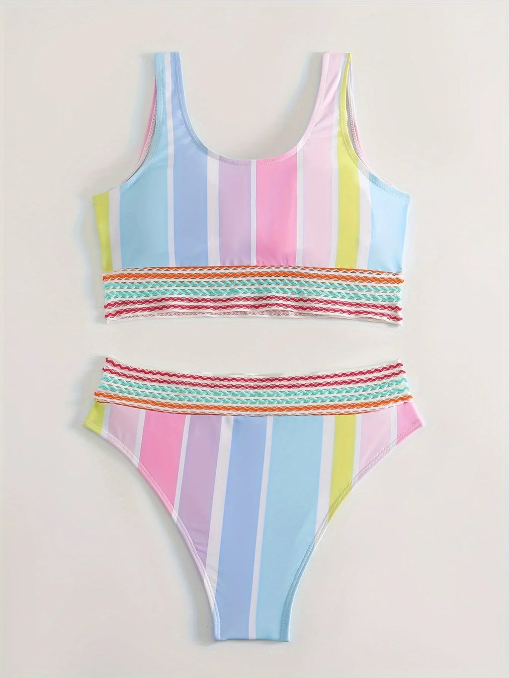 Women's striped sports bikini top and briefs on a mannequin, showing the European and American style pattern.