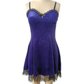 Solid colour slim-fit midi dress with suede strap and lace stitching, high waist A-line skirt, available in black and purple