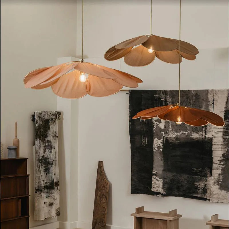 Bohemian-style fabric hanging chandelier with log wind design in a choice of colours and sizes.
