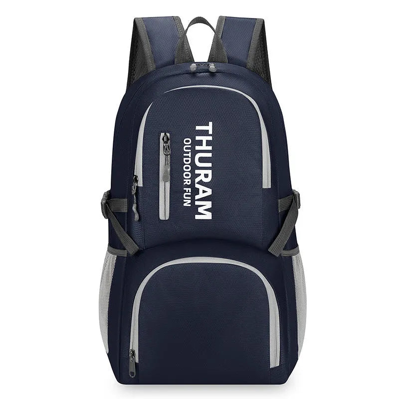 Outdoor folding travel backpack in multiple colours showing adjustable straps and 20-35L capacity.