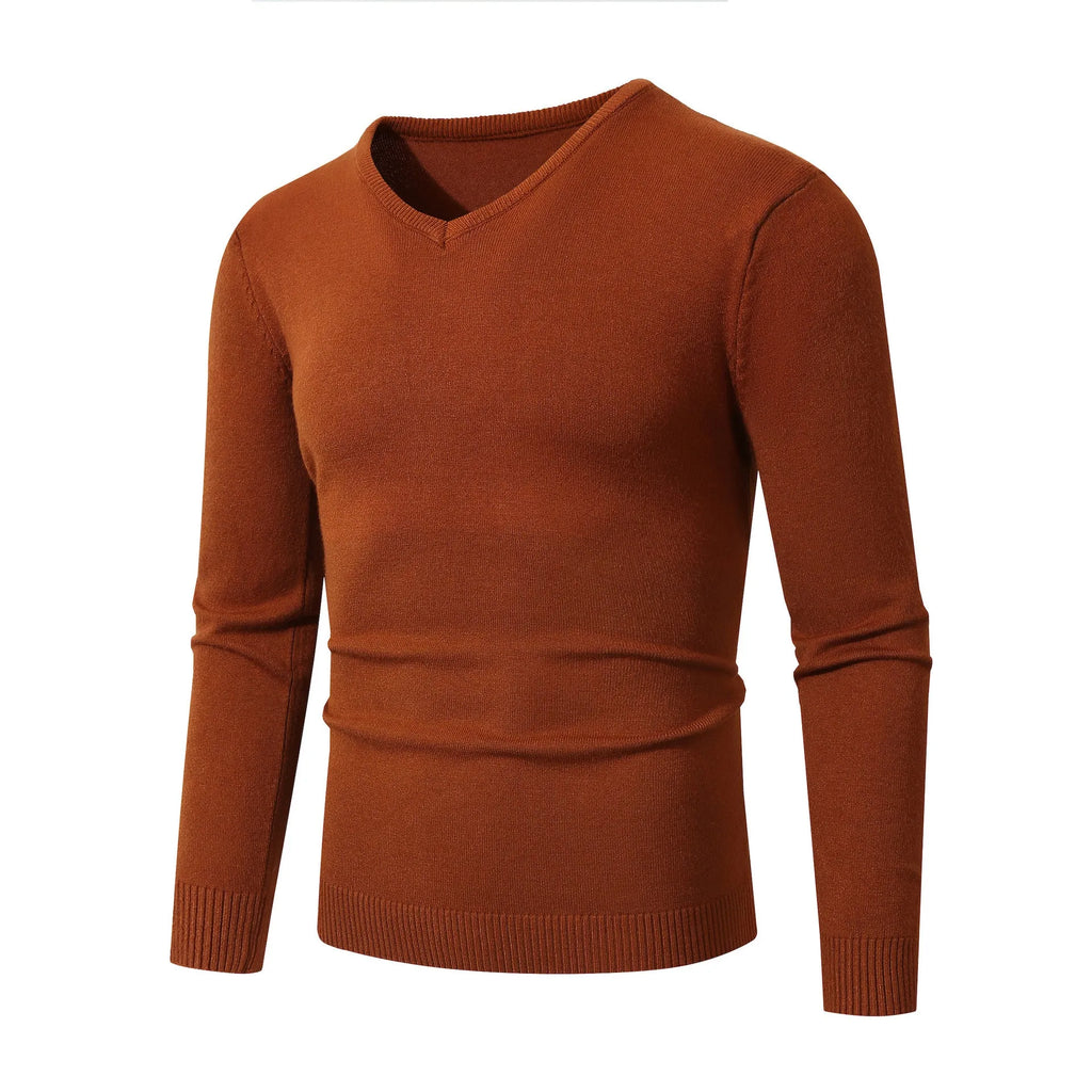 European and American casual long-sleeve V-neck sweater base layer in beige, loose fit, polyester knit