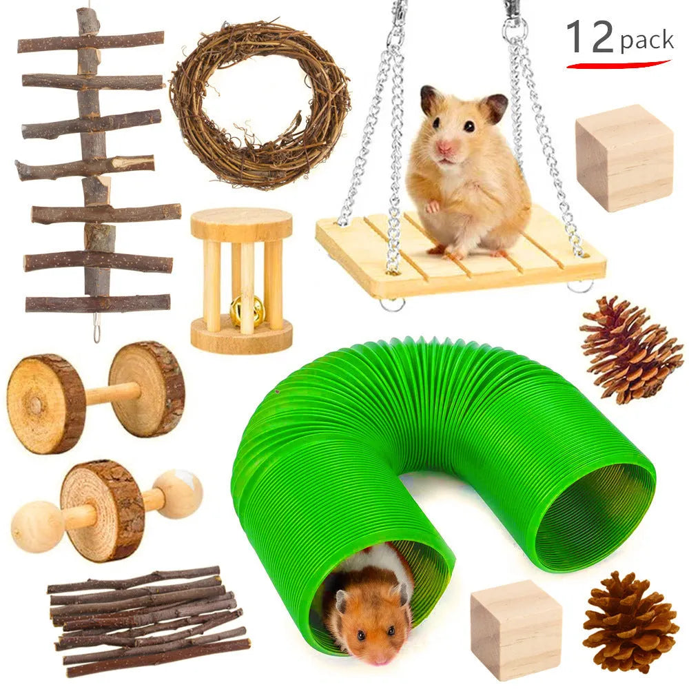 Assortment of natural wood and woven plant toys for small pets including straw mats and balls.