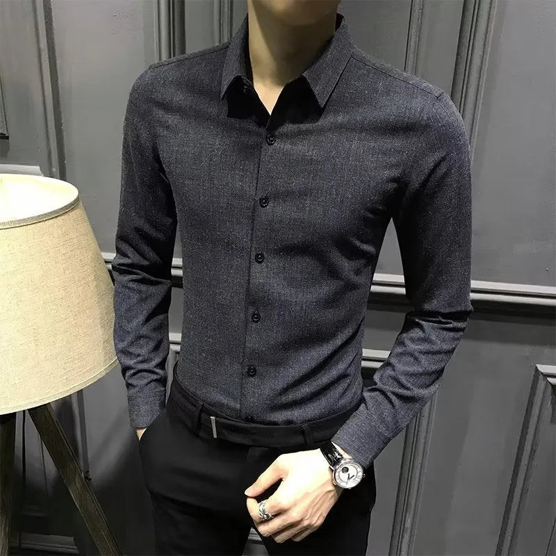 Men's black loose fit long sleeve polyester fibre shirt for autumn winter