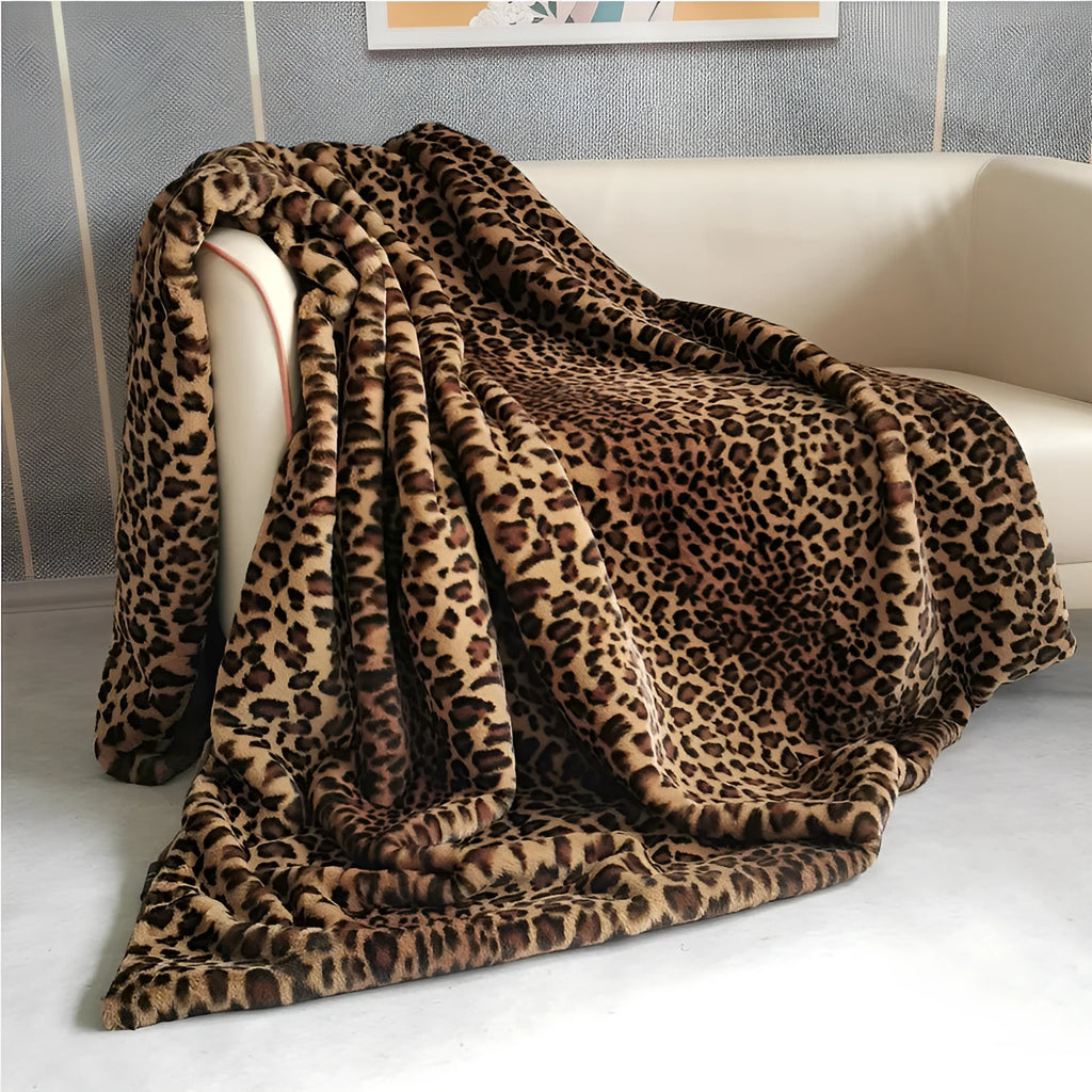Leopard print artificial wool blanket in brown gradient, polyester fibre, available in multiple sizes