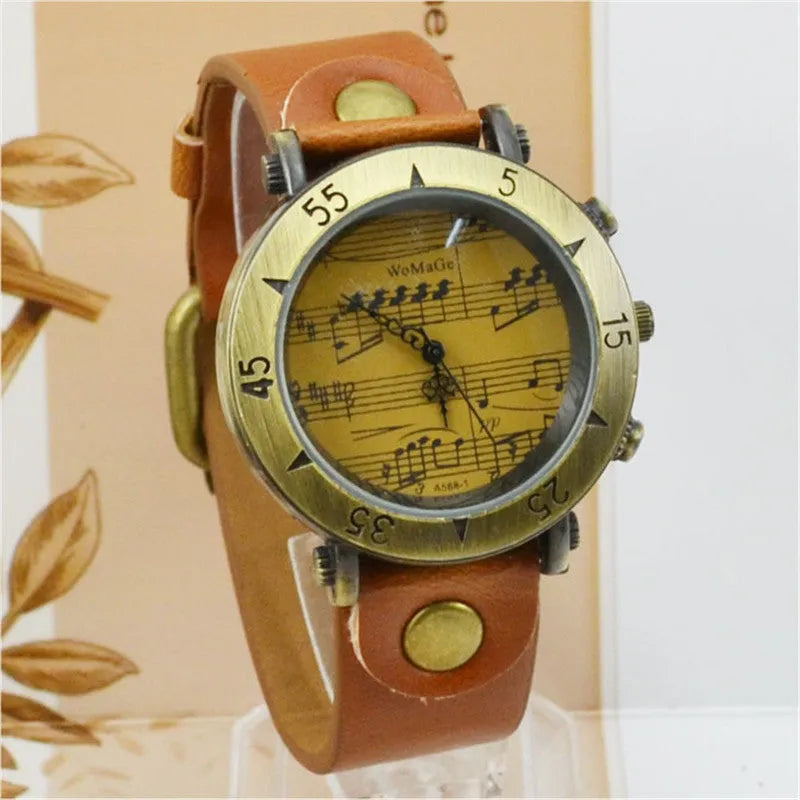 Men's music symbol watch showing design detail and colour options including red, black, brown, white, blue, orange, pink, green, and khaki