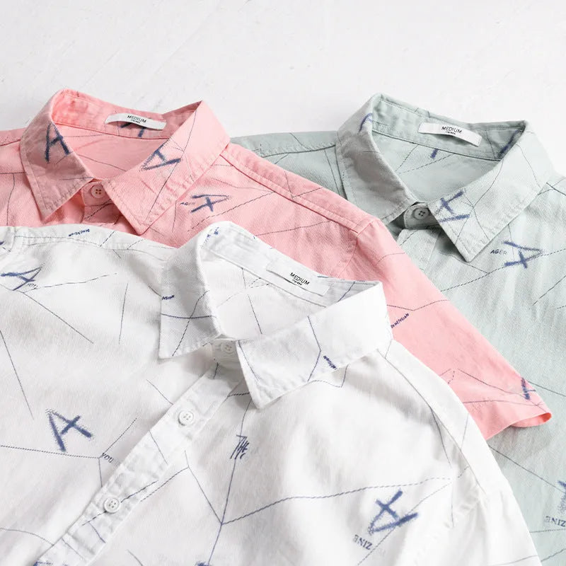 Men's light green pure cotton loose short sleeve shirt with a printed letter design on the chest.