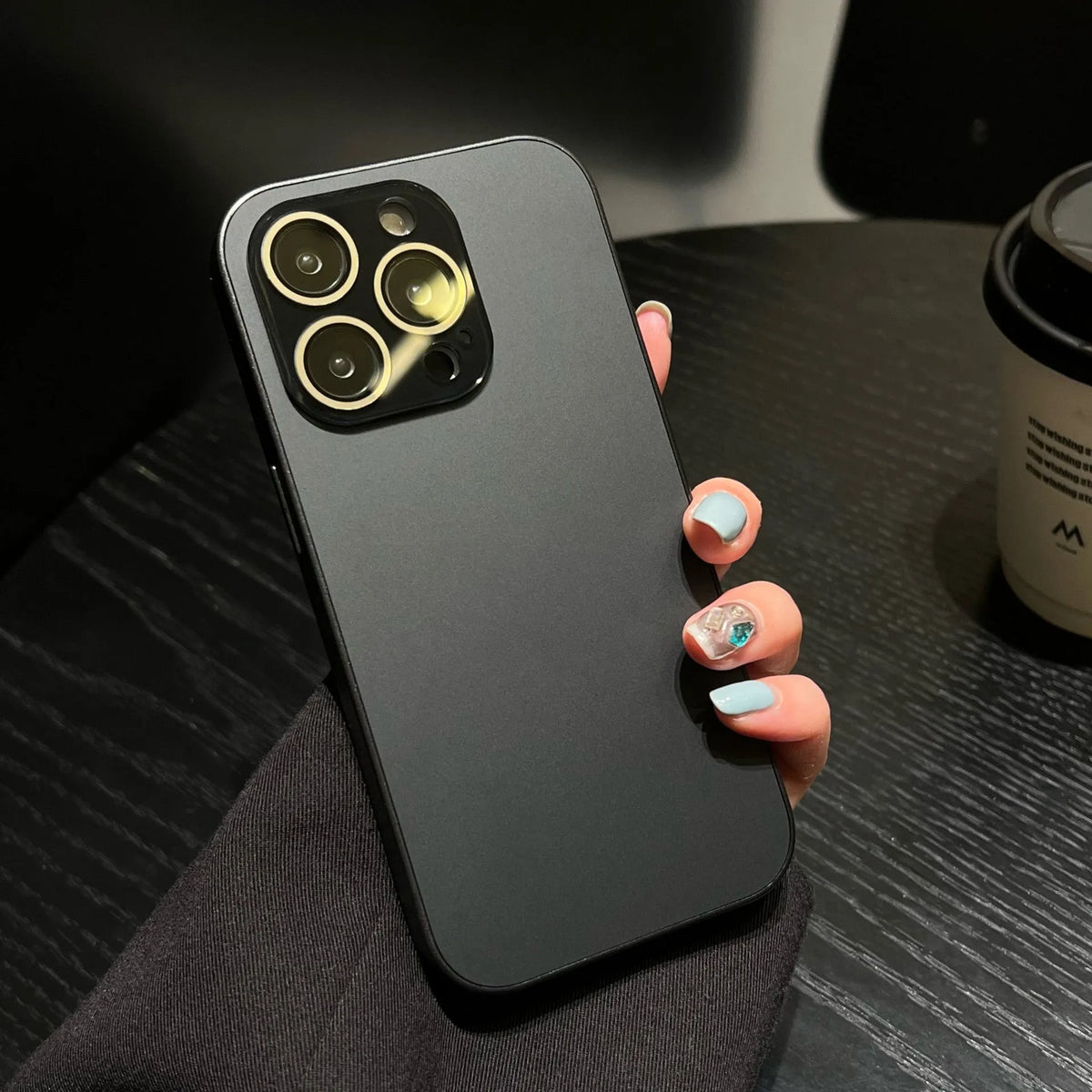Frosted PC phone case for iPhone 15 Pro Max with glass lens protector in pearl white