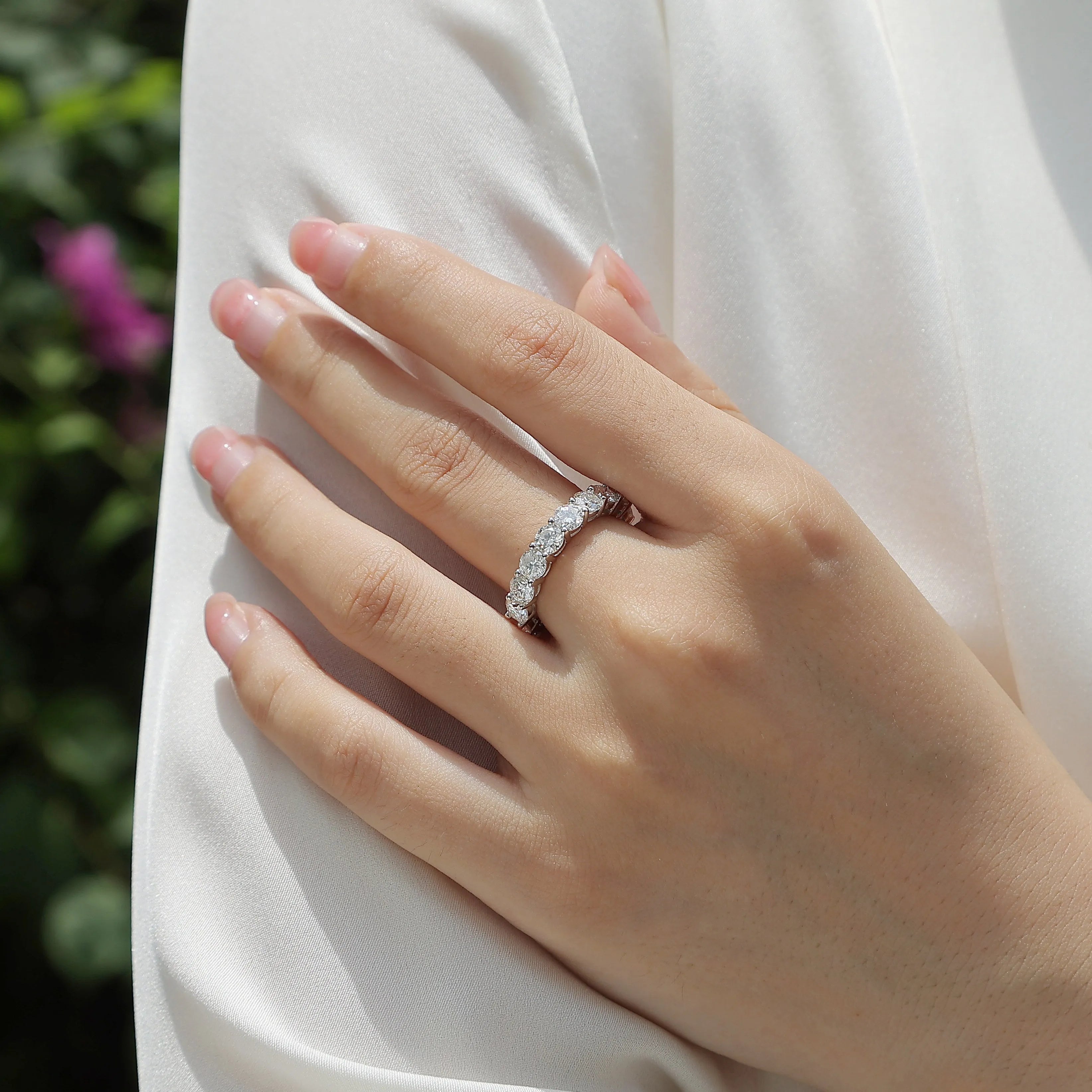 Starlight moissanite wedding ring set in S925 silver platinum plated on display in gift box, available in yellow gold and rose gold