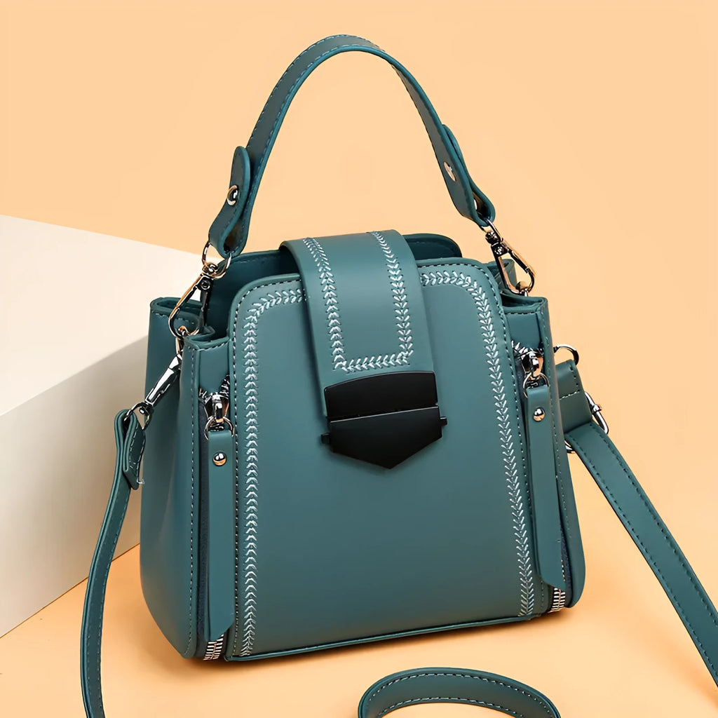 Soft PU leather women's handbag in square vertical design with sewing thread detail