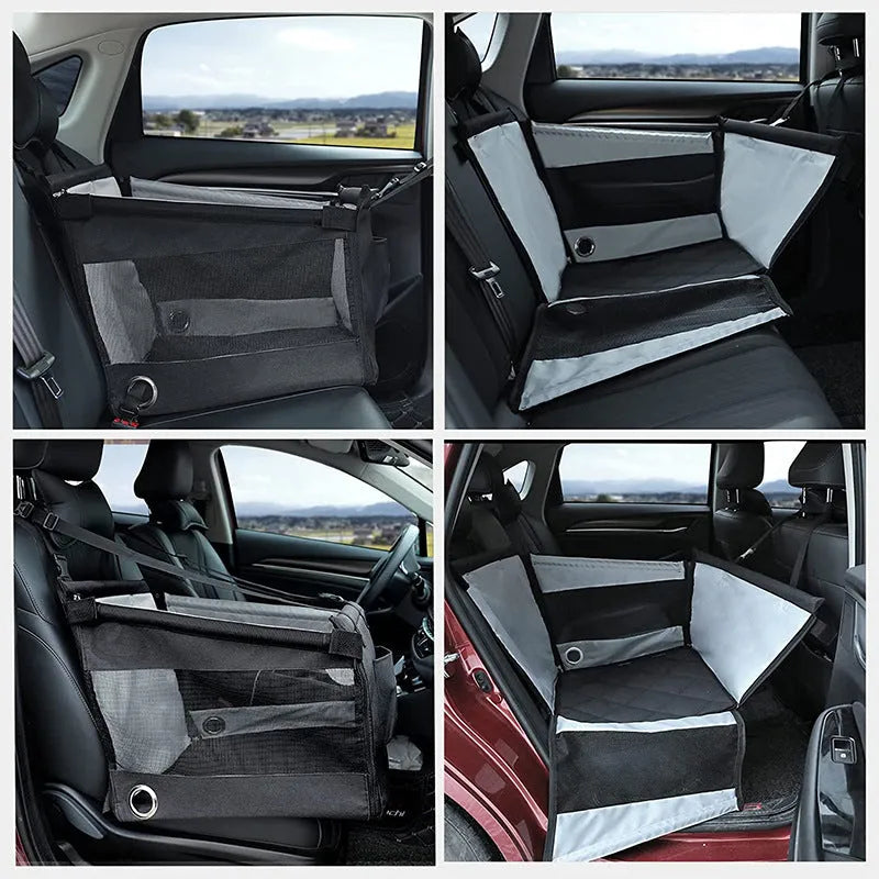 Oxford cloth foldable dog crate in black, shown next to a car