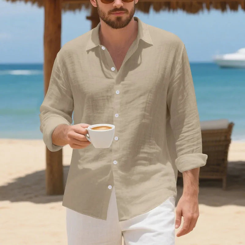 Man wearing a loose-fit light blue linen casual shirt with a non-iron finish.