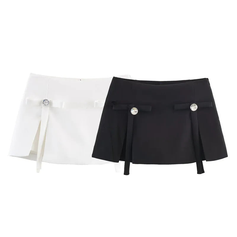 Women's bow jewellery pleated irregular short skirt pants in black Andy velvet mercerised cotton hooded style